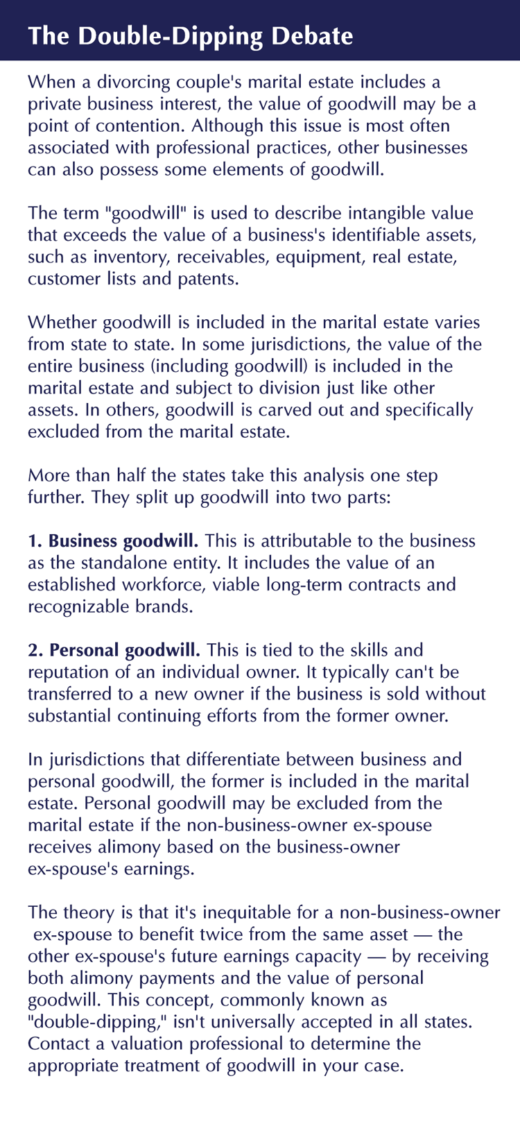 The trade-off between receiving personal goodwill and alimony payments - the divorce double dipping rule