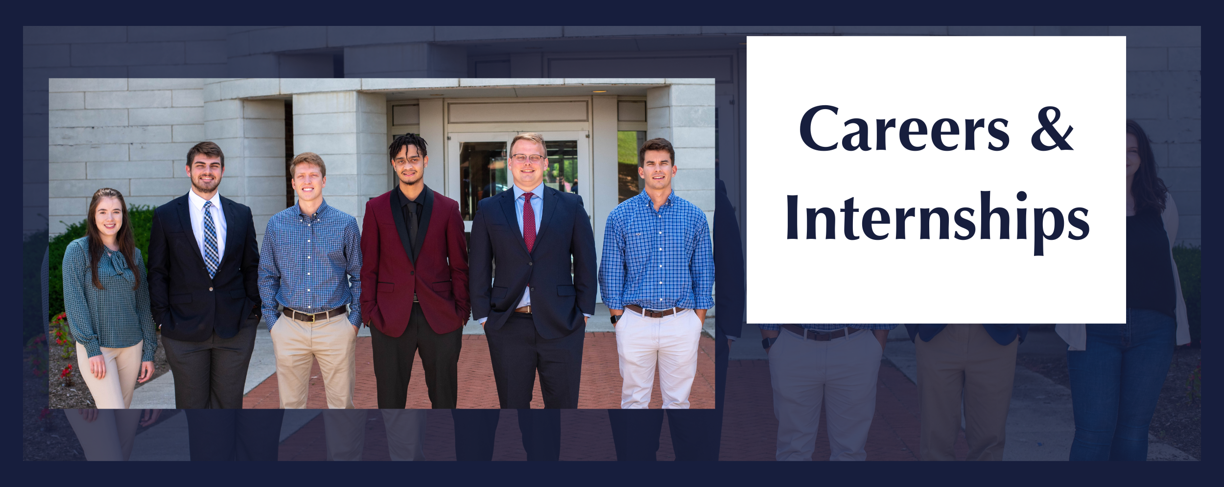 Text box says, "Internships and Careers" Image shows a group of interns and new hires standing outside of Hantzmon Wiebel